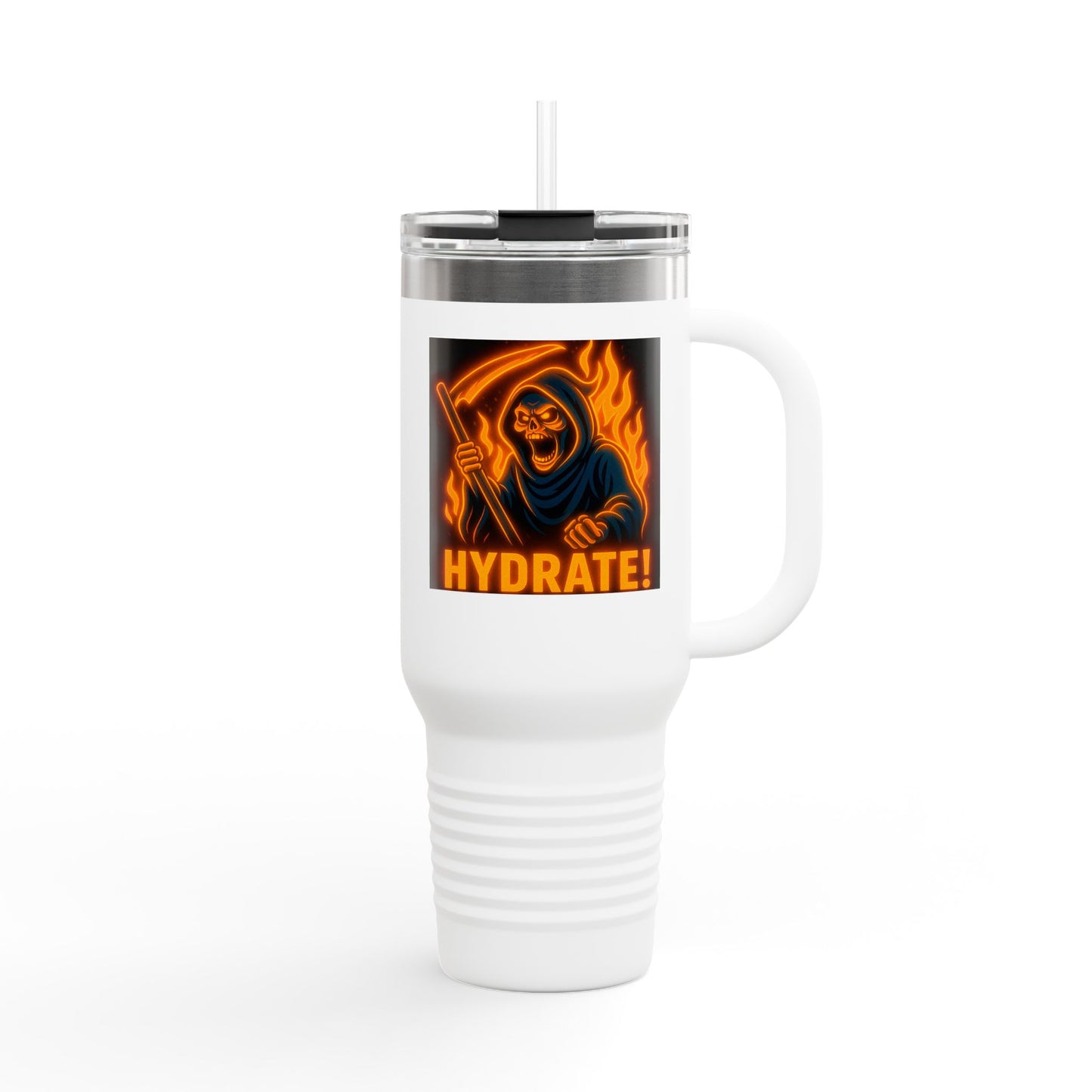 Fiya Trolls Vibrant Insulated Travel Mug with Fun Anime Graphic Designs, Perfect for Hydration on the Go, Great Gift for Adventurers and Grim Reaper Fans