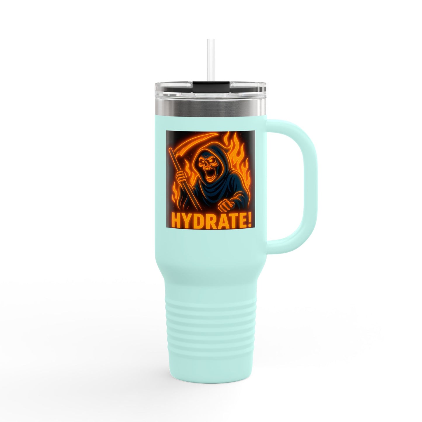 Fiya Trolls Vibrant Insulated Travel Mug with Fun Anime Graphic Designs, Perfect for Hydration on the Go, Great Gift for Adventurers and Grim Reaper Fans