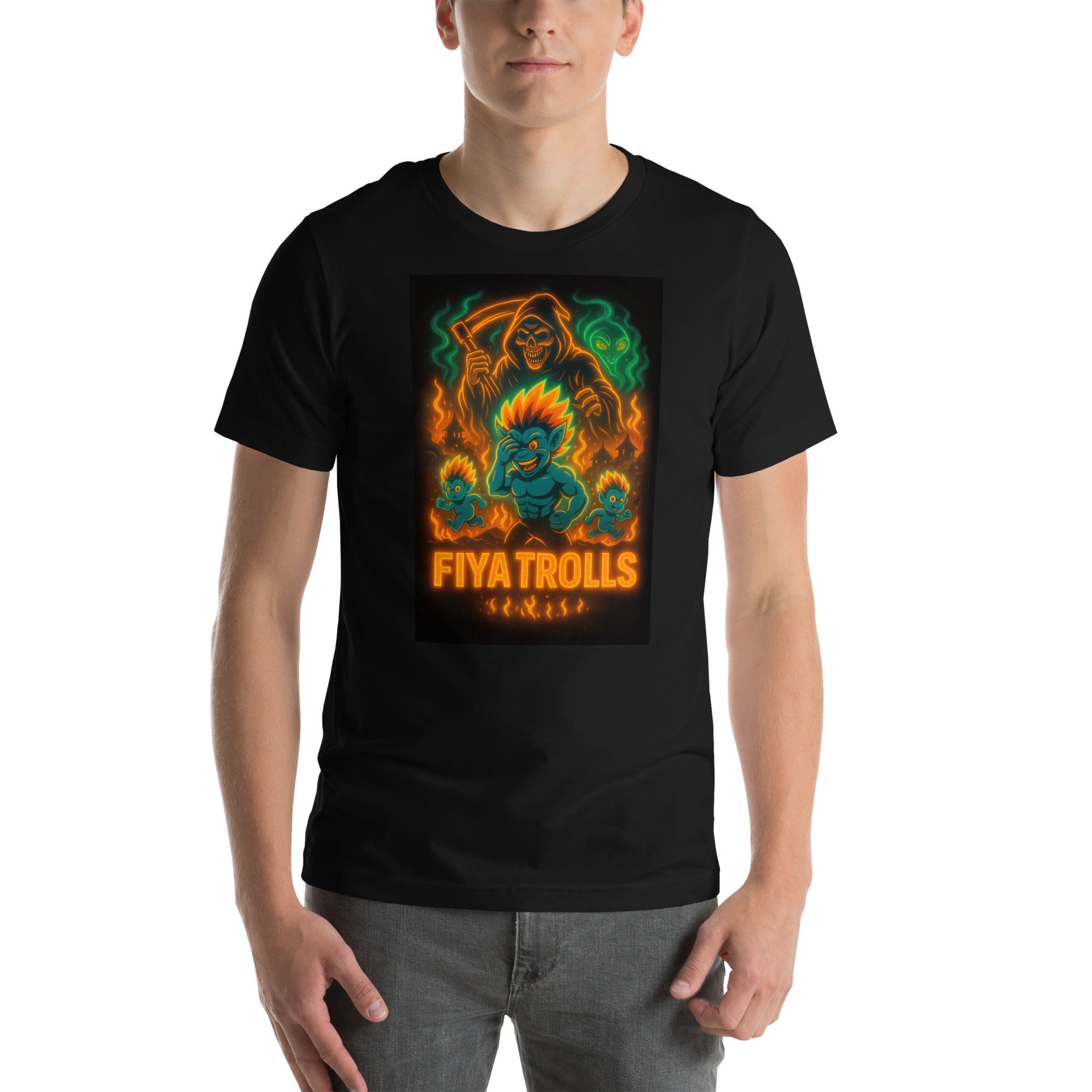 FIYA TROLLS: WORLD TEE Graphic Short Sleeve, Adult, Men's T-Shirt, Bella+Canvas 3001
