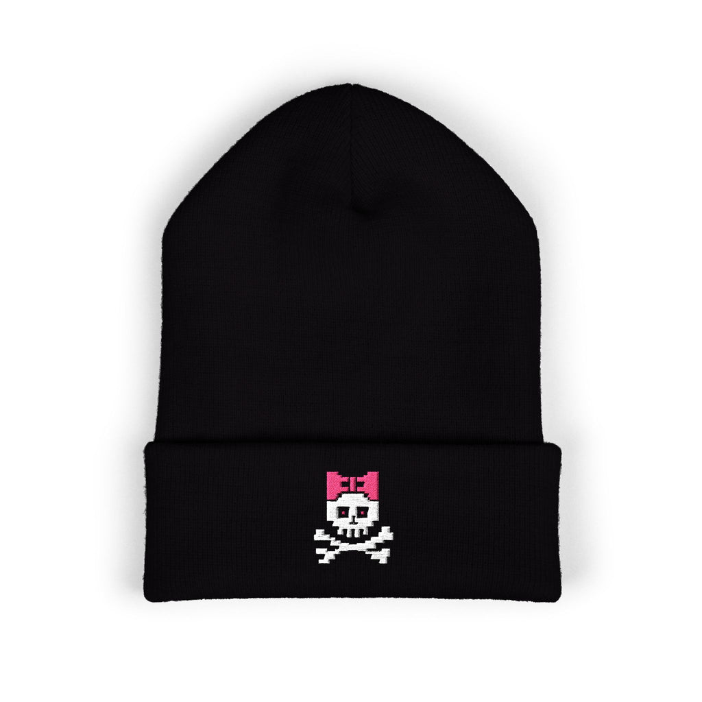 Skull & Pink Bow "Skull Cap" Cuffed Beanie — Embroidered Punk Cute Winter Hat