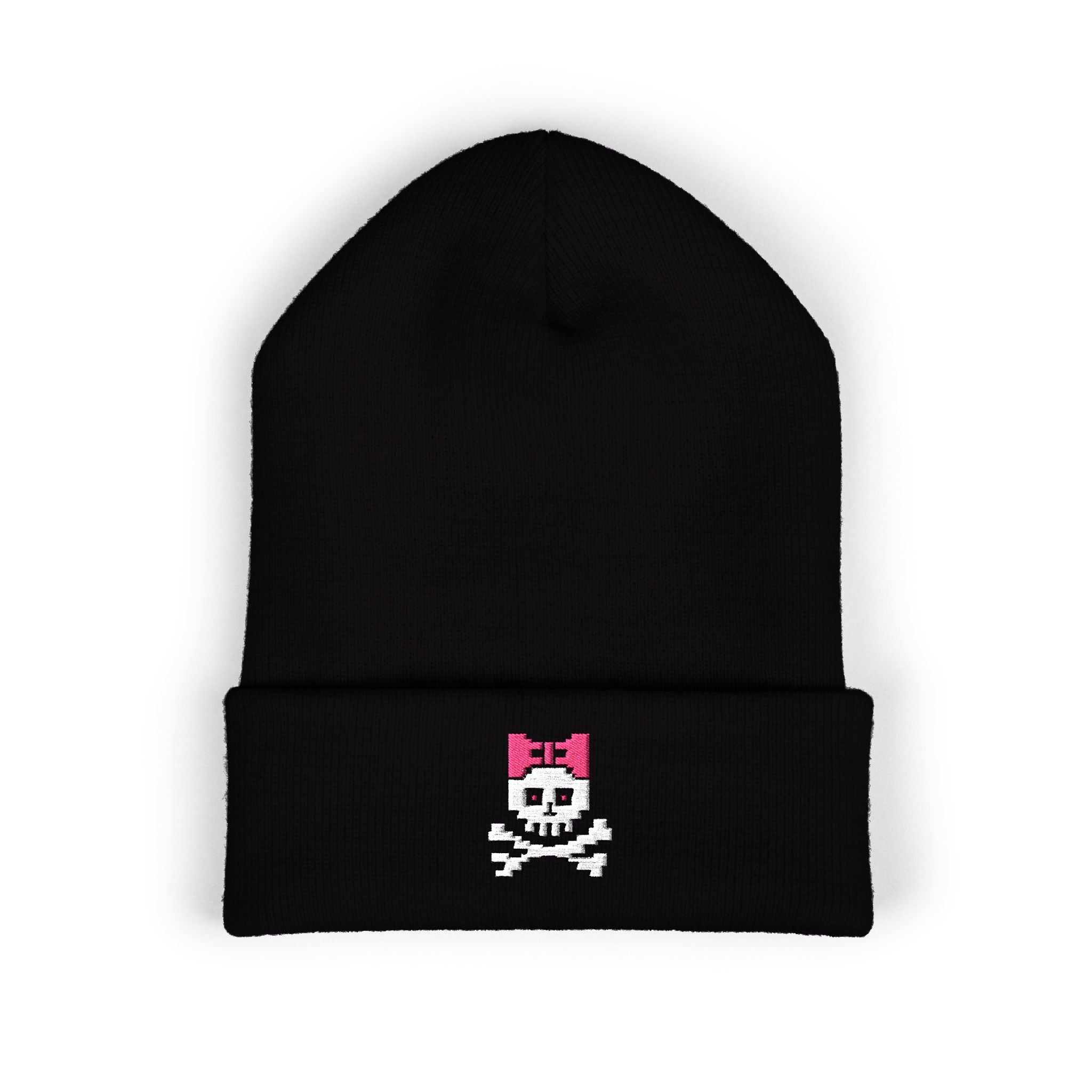 Skull & Pink Bow "Skull Cap" Cuffed Beanie — Embroidered Punk Cute Winter Hat
