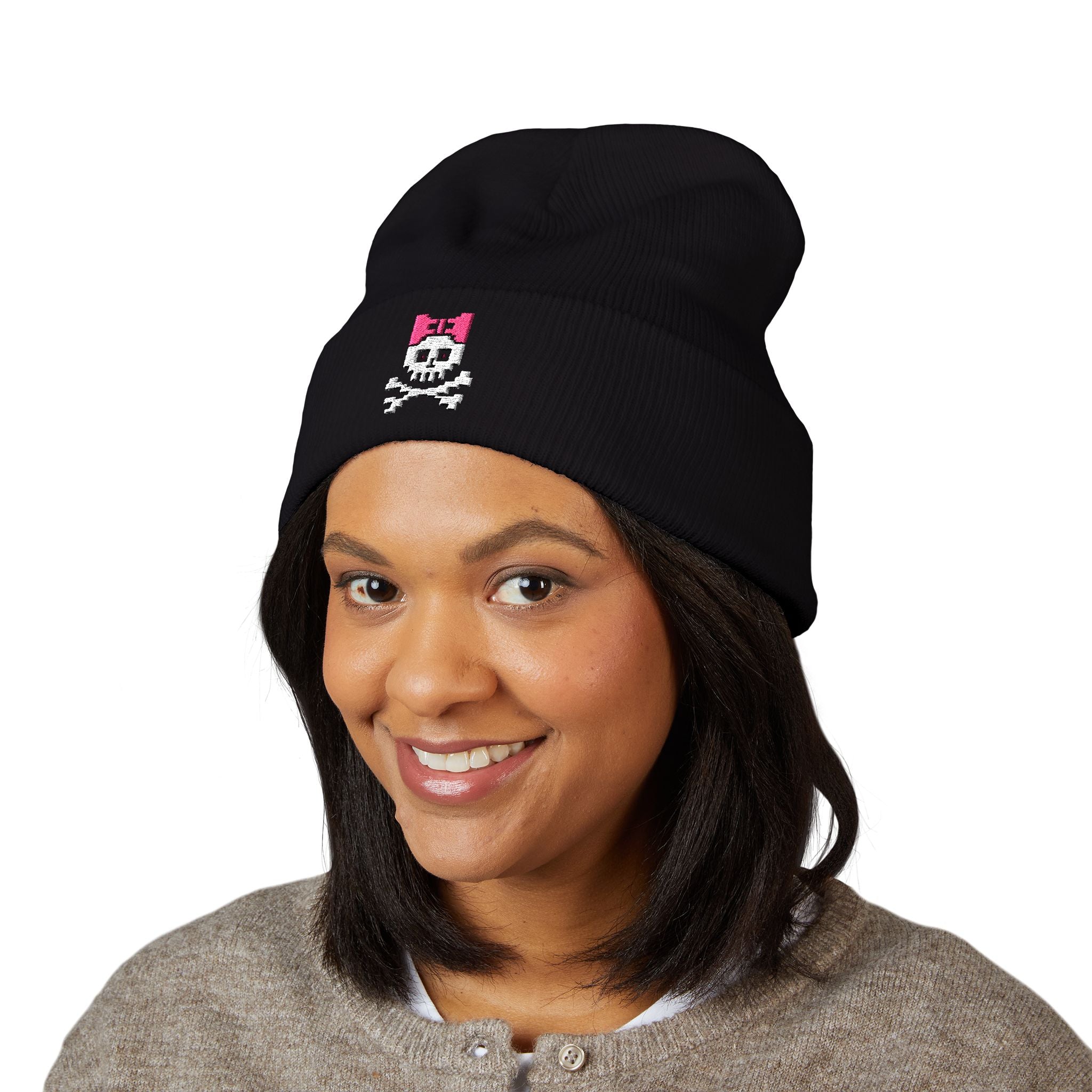 Skull & Pink Bow "Skull Cap" Cuffed Beanie — Embroidered Punk Cute Winter Hat
