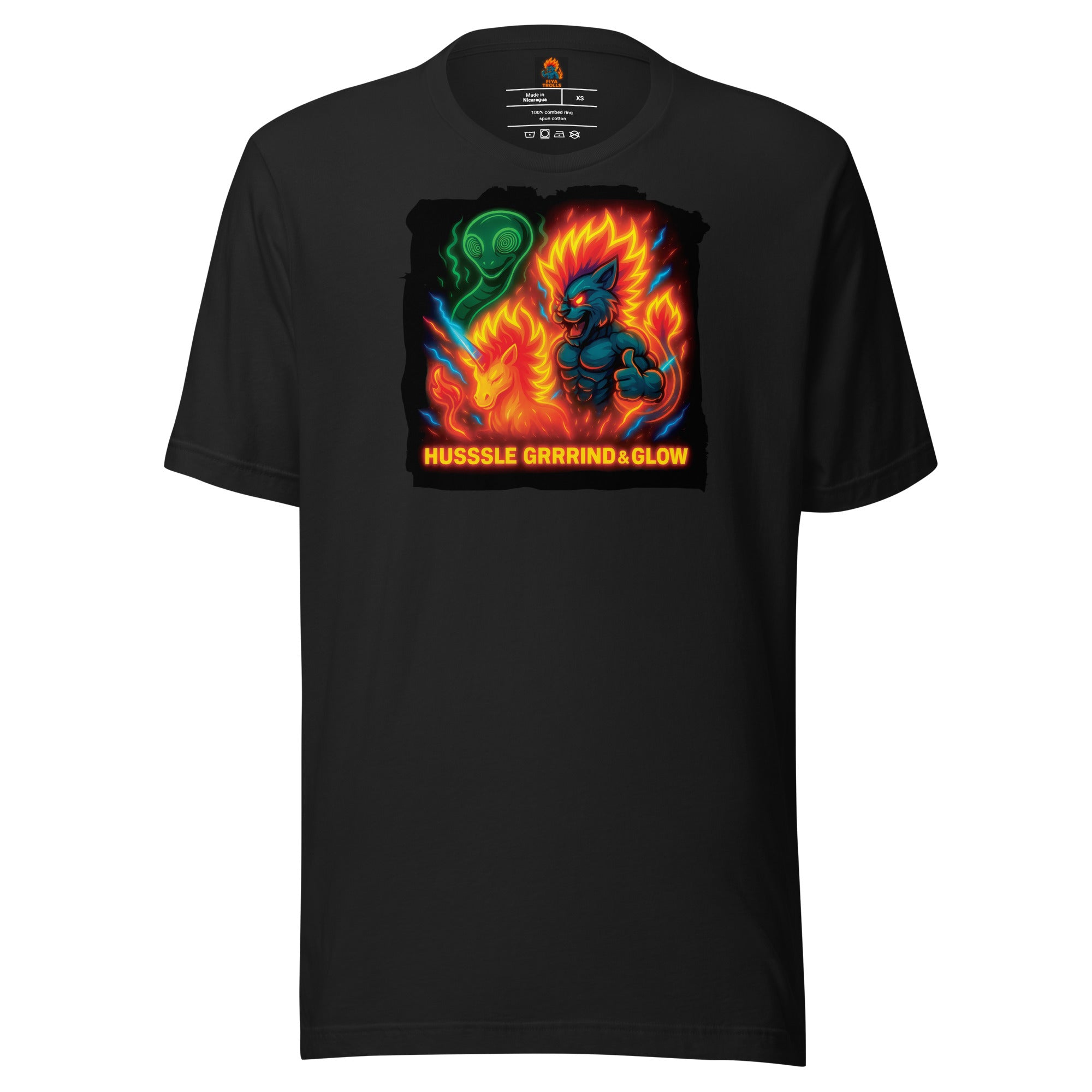 HUSSSLE. GRRRIND. GLOW. – Fiya Trolls Graphic Gym Tee (Bella+Canvas 3001) Premium, Mens, Unisex t-shirt